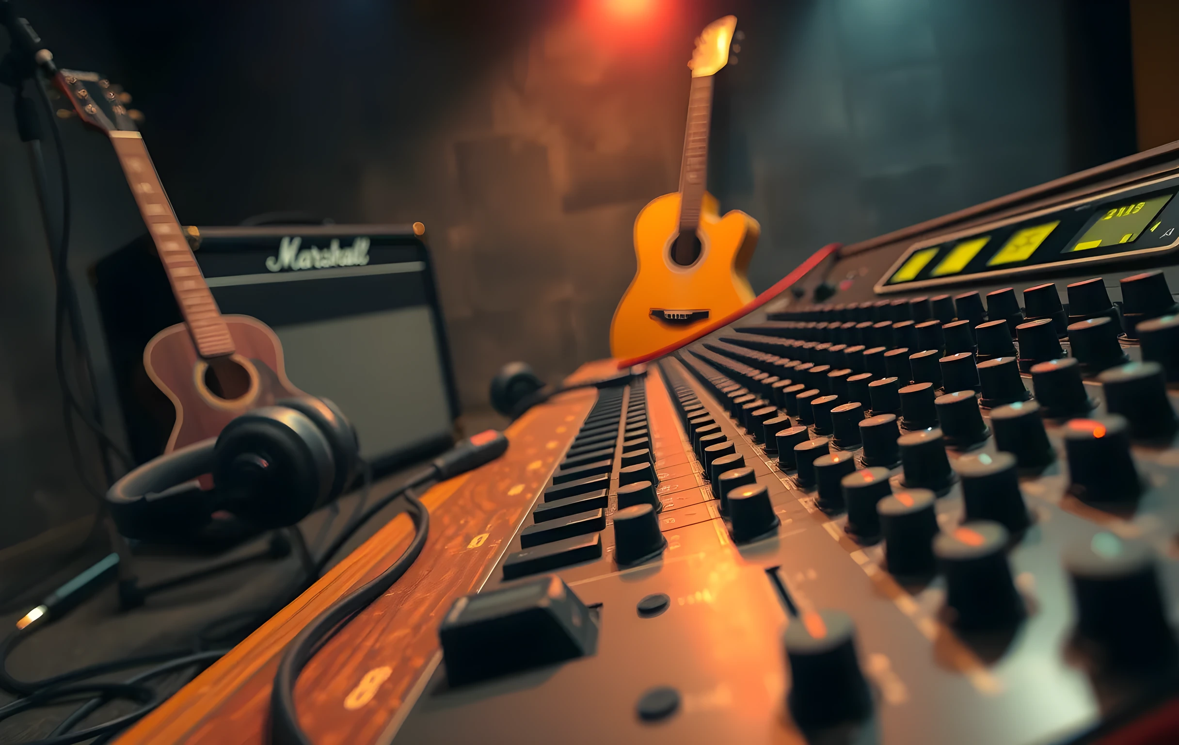 Close detail shot from just above a mixing console in a rehearsal room: rows of faders and small knobs catching warm tungsten light, a few thick instrument cables snaking across the scratched wood surface of the desk, a pair of studio headphones resting on their stand to the left. In the softly blurred background, the edge of a guitar amp and the neck of an acoustic guitar are visible leaning against a concrete wall. Tight framing on the console hardware and cable texture, shallow depth of field, no people, no screens, no text