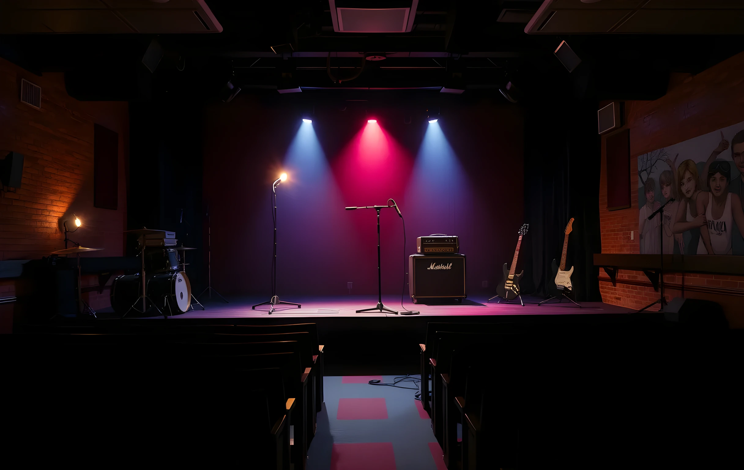 Wide interior shot of a small 120-seat venue stage at night, warm amber and soft blue stage lights cutting through a light haze, a four-piece drum kit on the left third of frame, two guitar amplifiers stacked on the right, a single microphone stand center-stage catching a beam of light, rows of empty wooden bench seating receding into soft shadow in the foreground, exposed brick back wall with a faded painted mural visible in low detail, no people, no text, no screens, no signage