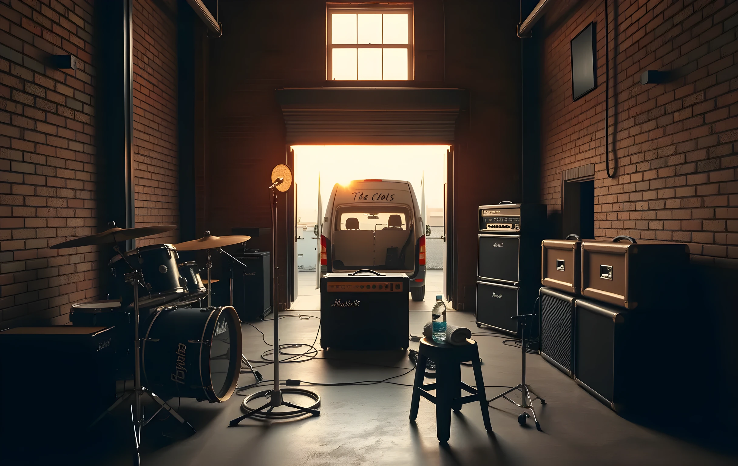 A wide interior shot of a small rehearsal room at golden hour. Warm amber light pours through a high industrial window, catching the chrome cymbals of a drum kit and the grille cloth of two tube amps stacked against a bare brick wall. Cables snake loosely across a stained concrete floor toward a bass amp. Through an open roll-up garage door at the far end, the rear of a dented white tour van sits in the fading sunset, its tailgate slightly ajar. A hand-painted band name is stenciled on the side of the van in faded blue paint. The room is empty of people, quiet, lived-in, with a water bottle and a folded towel resting on a stool near the kit