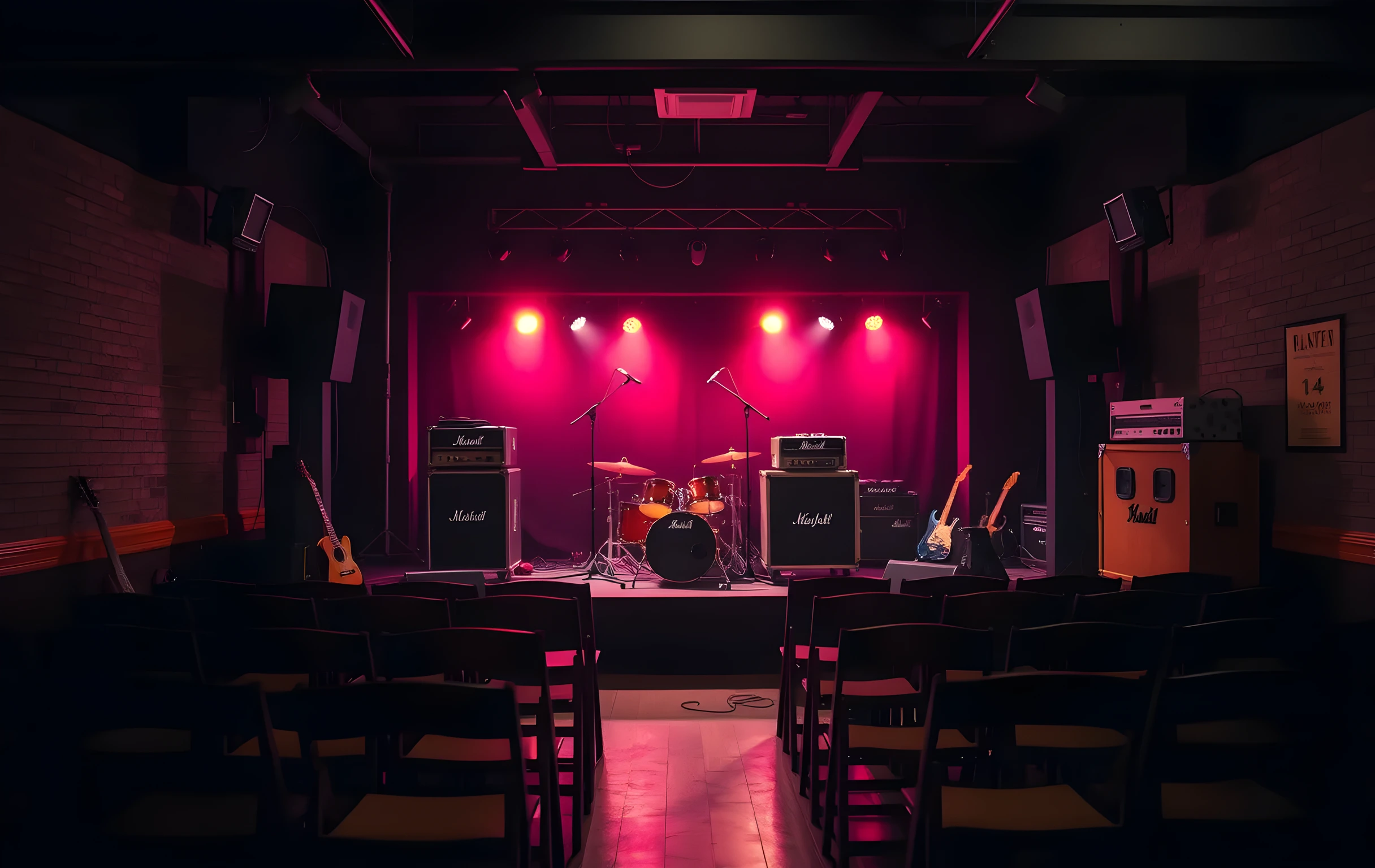 Wide interior shot of a small live-music venue at dusk: warm amber stage lights glow over an empty drum kit, a pair of guitar amp stacks, and two road cases on the riser. Rows of worn wooden folding chairs face the stage in soft shadow. Exposed brick walls, a single overhead cable tray, and the faint haze of residual smoke give the room depth. No people visible. The mood is quiet anticipation between sets
