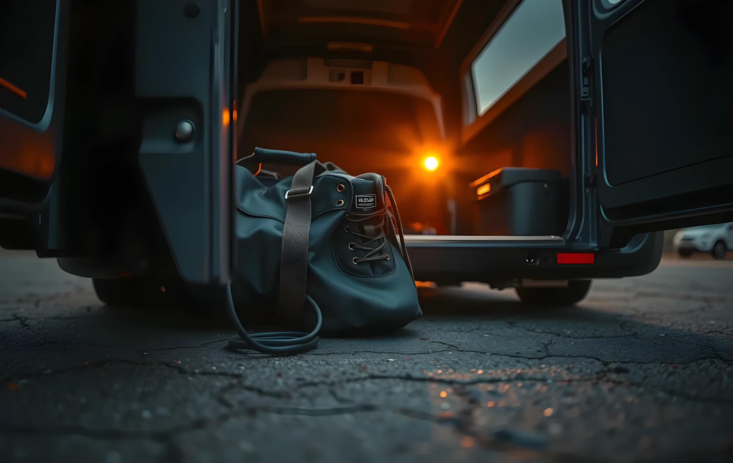 Close detail of an open tour-van rear door at golden hour: a battered duffel bag sits on the cargo floor beside a coiled XLR cable and one scuffed work boot. Warm tungsten light spills from inside the van onto cracked asphalt, catching the edge of a vinyl sleeve tucked under the bag strap. The van panel in the foreground shows honest wear, a small dent, faded paint. Shallow depth of field blurs the empty lot behind. No text, no people, no screens
