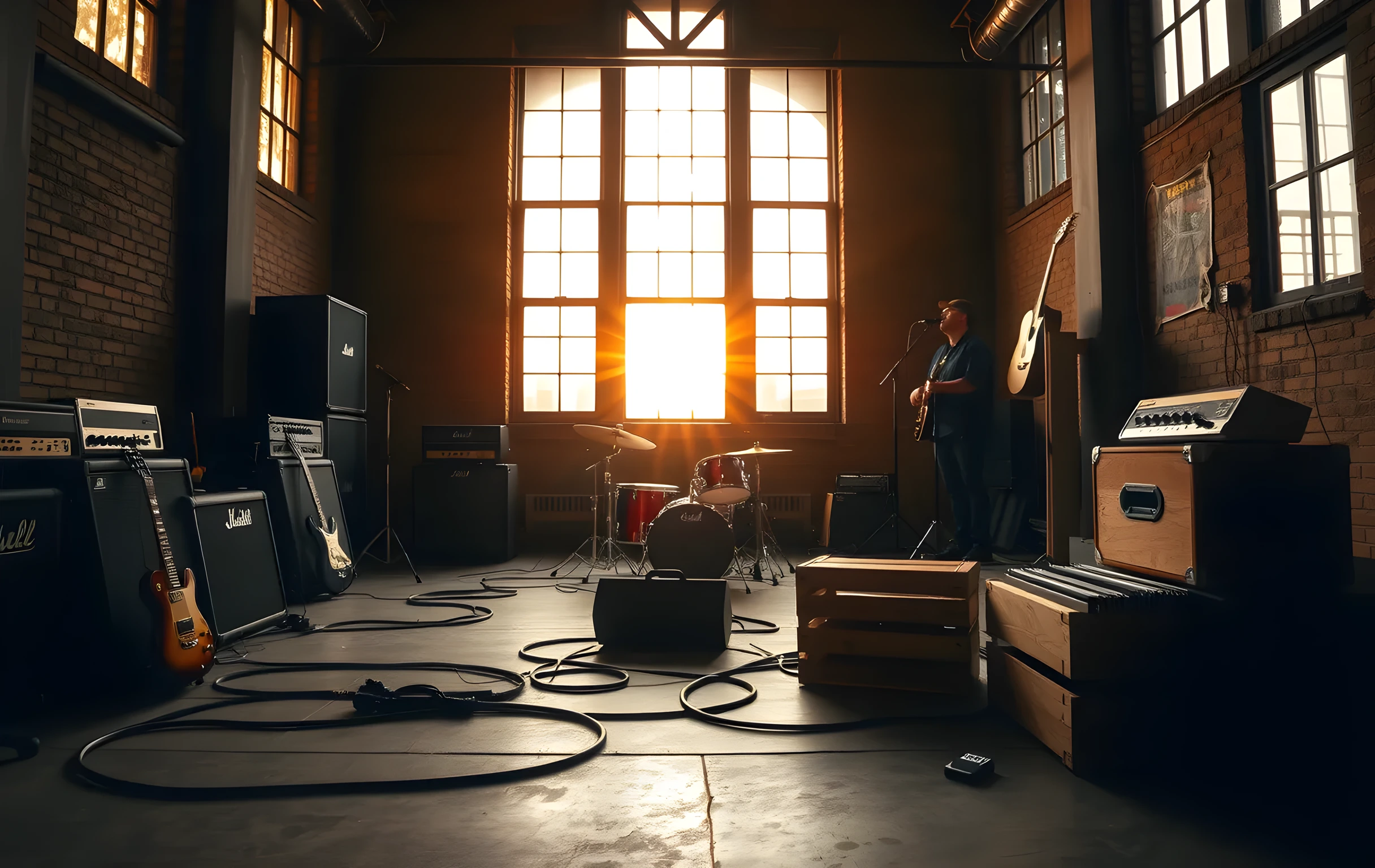 A wide shot of a rehearsal room bathed in late-afternoon golden light streaming through tall industrial windows, guitar amplifiers and a drum kit silhouetted against the far wall, thick cables snaking across a worn concrete floor, a wooden crate of vinyl records stacked near the open door, dust motes visible in the light beams, warm amber and deep shadow tones, no people visible, the room feels lived-in and quiet between sessions