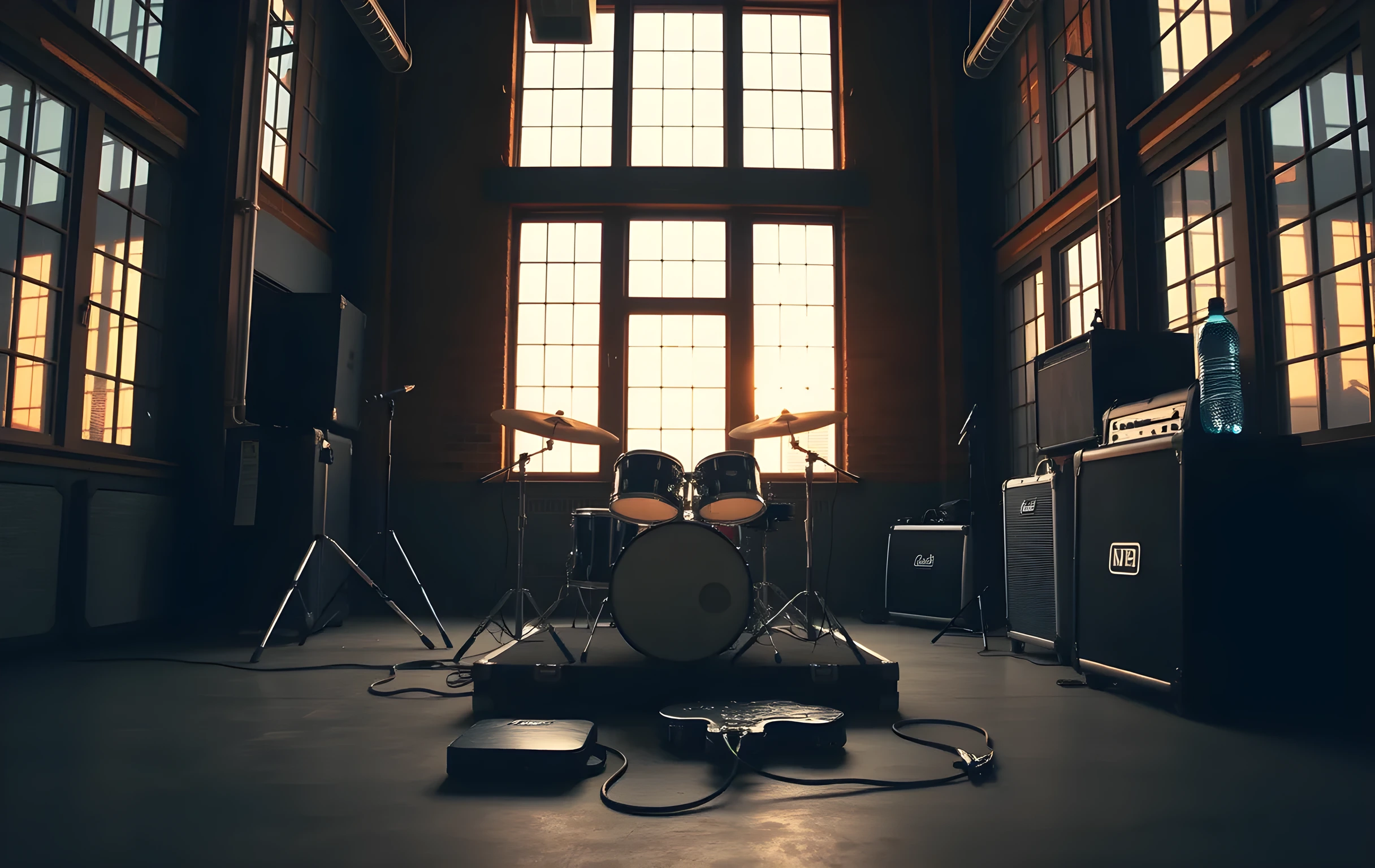 Wide interior shot of a small rehearsal room at golden hour: a drum kit center-frame with cymbals catching warm window light, an open guitar case on the concrete floor with cables snaking across it, two amplifiers stacked against the far wall, a single road case and a water bottle resting on top of one amp, high industrial windows framing a soft amber sky outside, the room unoccupied and quiet, shallow depth of field keeping the back wall slightly soft