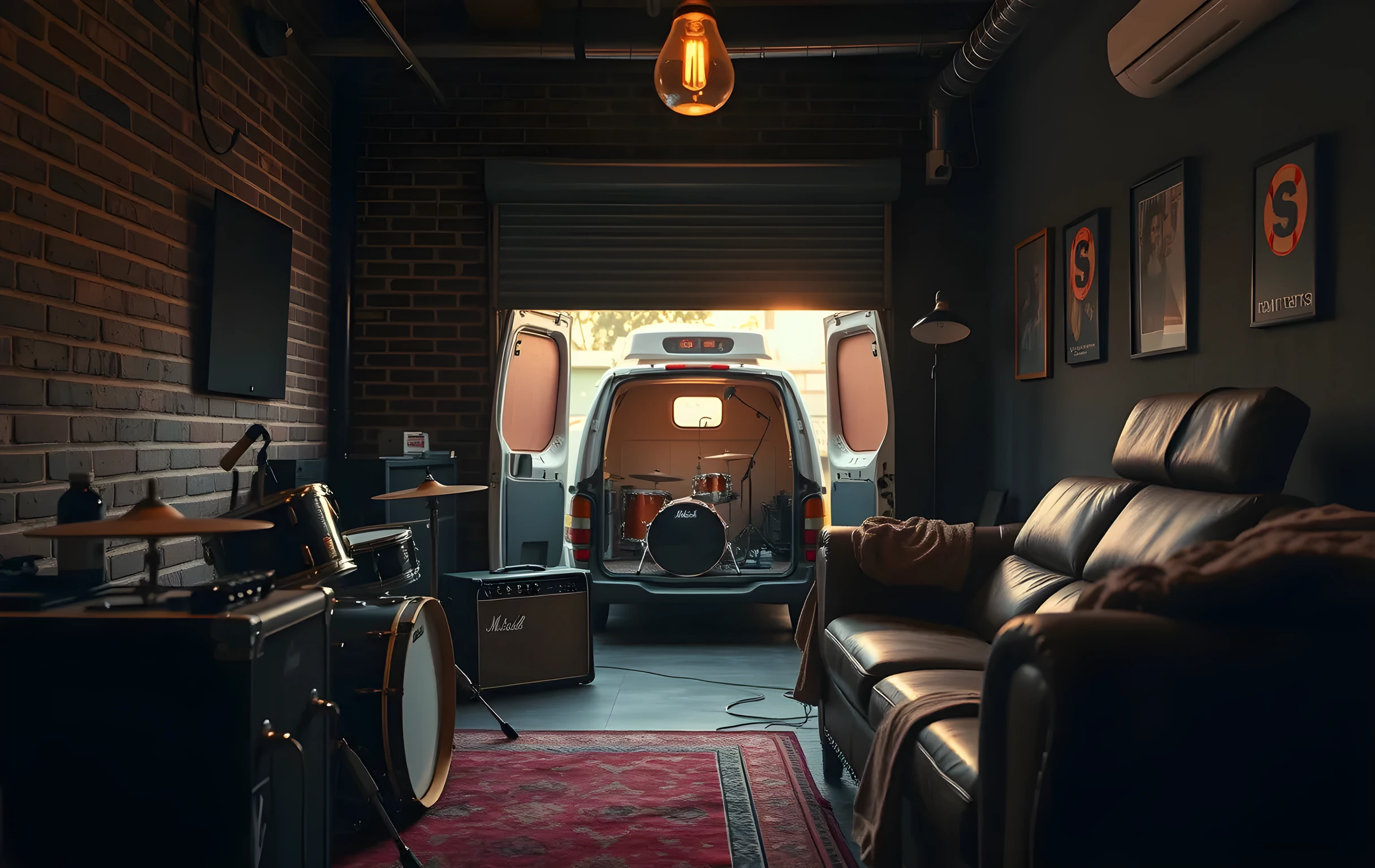 A wide interior shot of a small rehearsal room at golden hour: a battered drum kit against one brick wall, two guitar amps with dials and worn vinyl covers on the opposite side, a low leather couch with a folded blanket, warm amber light spilling from a single bare-bulb pendant lamp overhead. Through an open roller-garage door in the background, the tail end of a faded tour van is visible in the late-afternoon glow, its paint scratched and peeling. The room feels lived-in and quiet, no people present