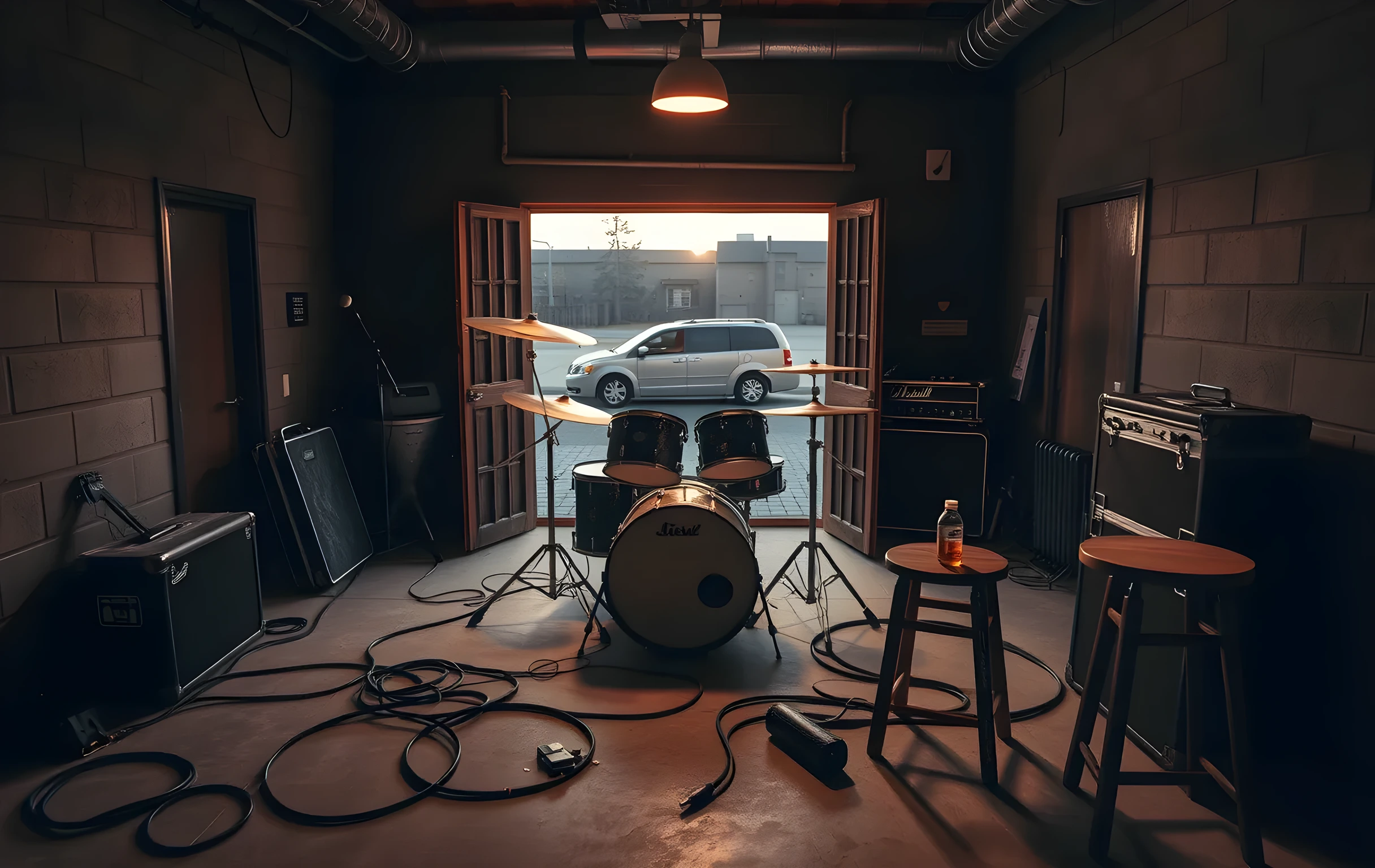 A wide interior shot of a small rehearsal room at golden hour, a battered drum kit center-stage with cymbals catching warm amber light, thick audio cables snaking across a concrete floor, two stacked guitar amps and an open flight case against the back wall, a pair of worn stools with scattered picks and a dented water bottle, through a dusty single window the dark silhouette of a parking lot where a beat-up tour van is parked at dusk, overhead work light casting long shadows, no people visible