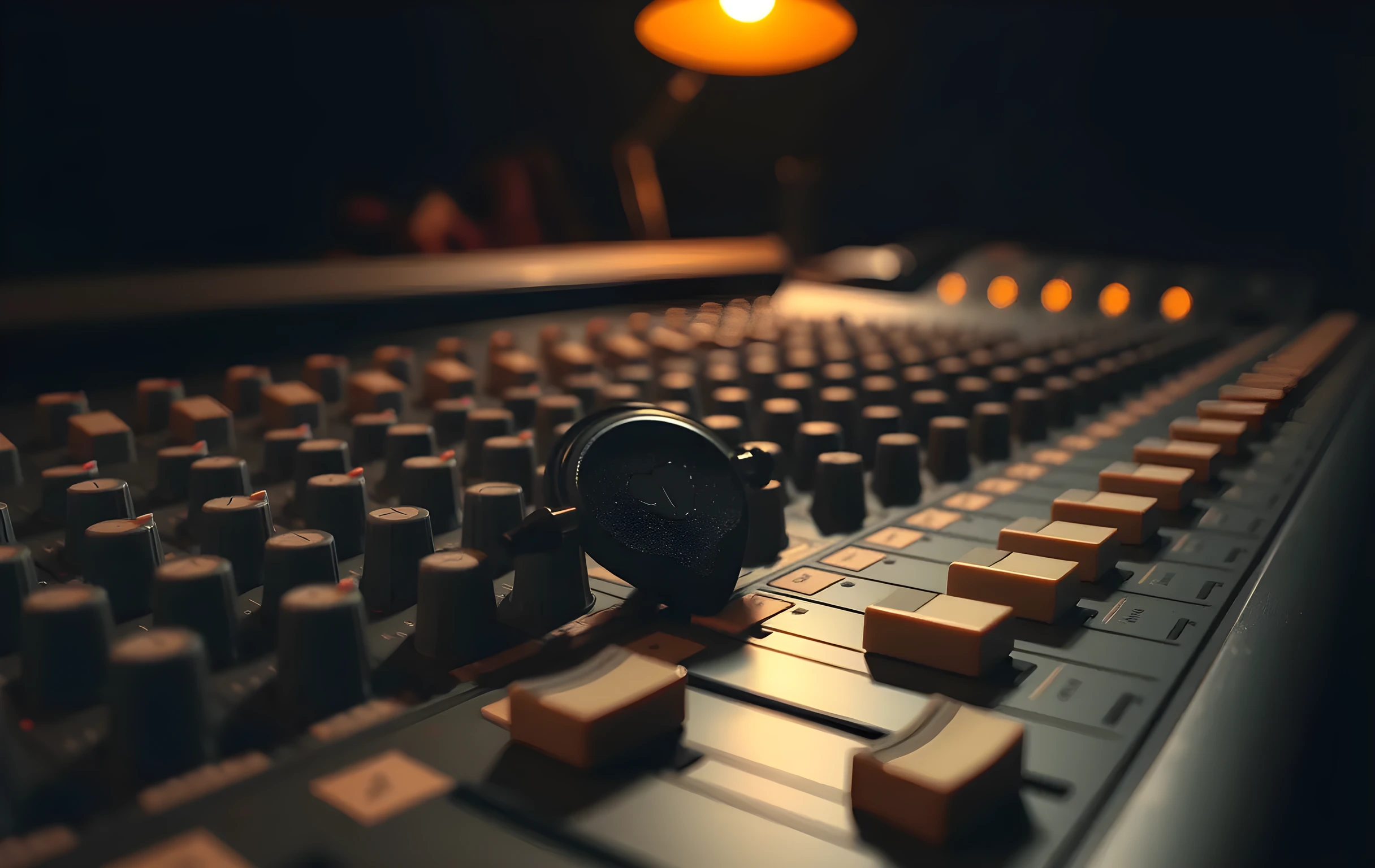 A tight close-detail view of a well-worn analog mixing console surface in a dim studio, faders resting at various positions, small rotary knobs with hand-taped labels, a pair of flat-clip studio headphones draped over one knob, a single guitar pick wedged between two channel strips, warm tungsten glow spilling from an off-frame desk lamp illuminating the brushed metal and cream-colored plastic, shallow depth of field dissolving into soft darkness behind the panel