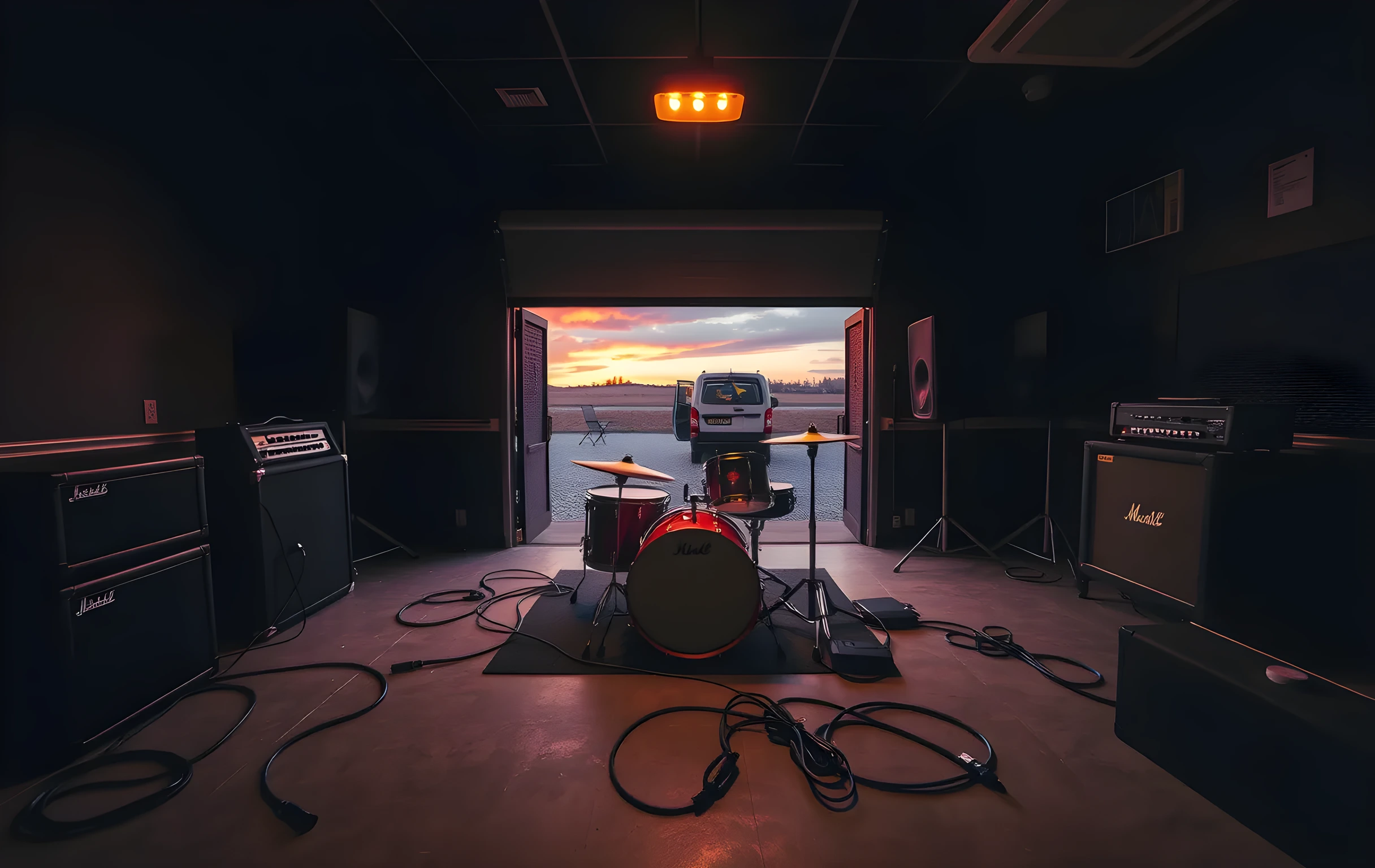 A wide-angle view of a dimly lit rehearsal room at golden hour: a full drum kit sits center-frame under a single bare overhead work light casting warm amber glow, two guitar amps stacked along the left wall with their grilles visible, thick cables pooling and snaking across a scuffed concrete floor, an empty folding chair pushed against the back wall, and through an open roll-up garage door at the far end a tour van is parked on gravel as the sky outside turns deep orange and purple. No people visible. No text or signage anywhere