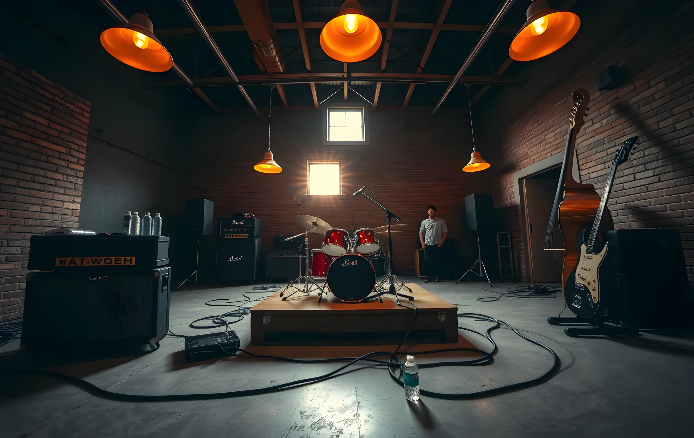 A wide-angle view of a converted warehouse rehearsal room at dusk, warm amber work lamps hanging from the ceiling casting pools of light over a drum kit in the center of the space, two guitar amplifiers with dented metal grilles flanking a low wooden stage platform, thick coiled cables snaking across scuffed concrete floor, a battered road case and a few water bottles near the PA stack, a lone figure standing far in the background next to an upright bass leaning against exposed brick wall, golden light entering through a single high window