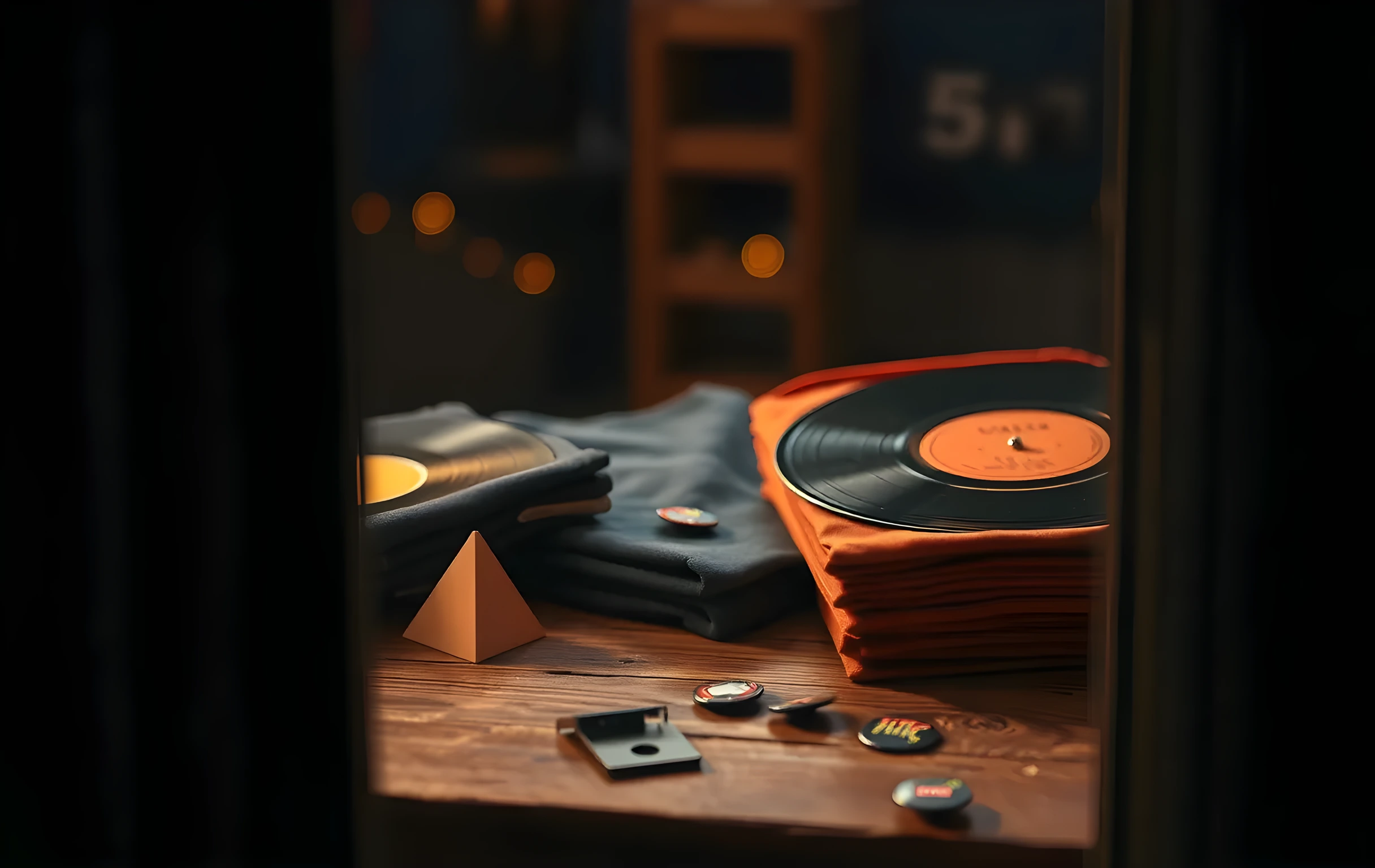 A close detail shot of a small rough-hewn wooden table in a venue green room, freshly pressed vinyl records fanned out showing their dark grooved surfaces catching warm tungsten light from above, a neat stack of folded t-shirts in faded indigo and rust orange beside them, a small speaker cone and a few enamel pins scattered near the edge, soft shadows pooling between the objects, shallow depth of field blurring the background into warm bokeh
