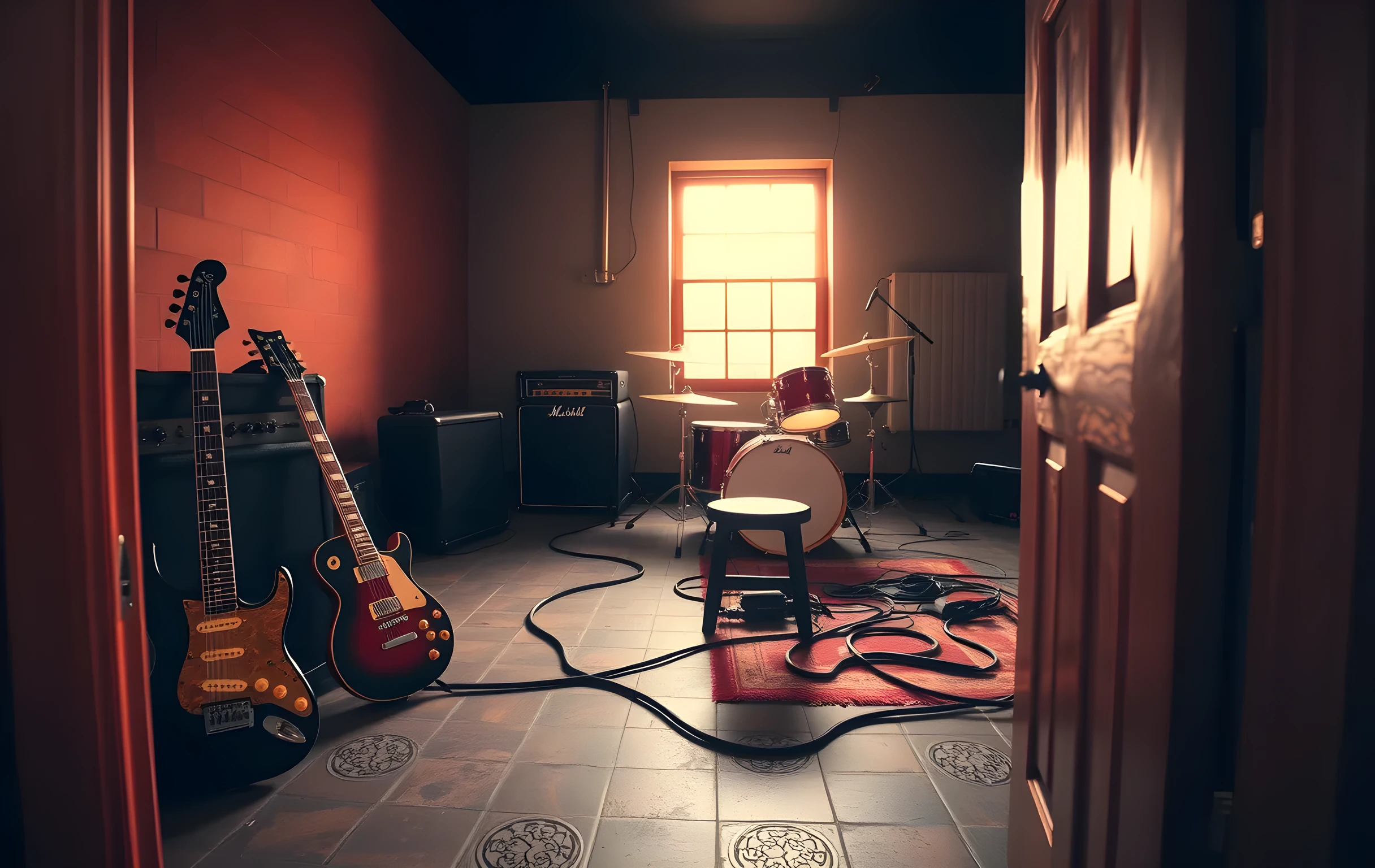 A wide-angle view of a small rehearsal room at golden hour: two worn electric guitars leaning against a black amp stack in the left foreground, a four-piece drum kit set up against the back wall, thick cables snaking across a stained concrete floor, warm amber light pouring through a single high window and casting long diagonal shadows across the room, a battered practice pad and a stool near the center, no people present, the atmosphere quiet and expectant as if someone just left mid-set