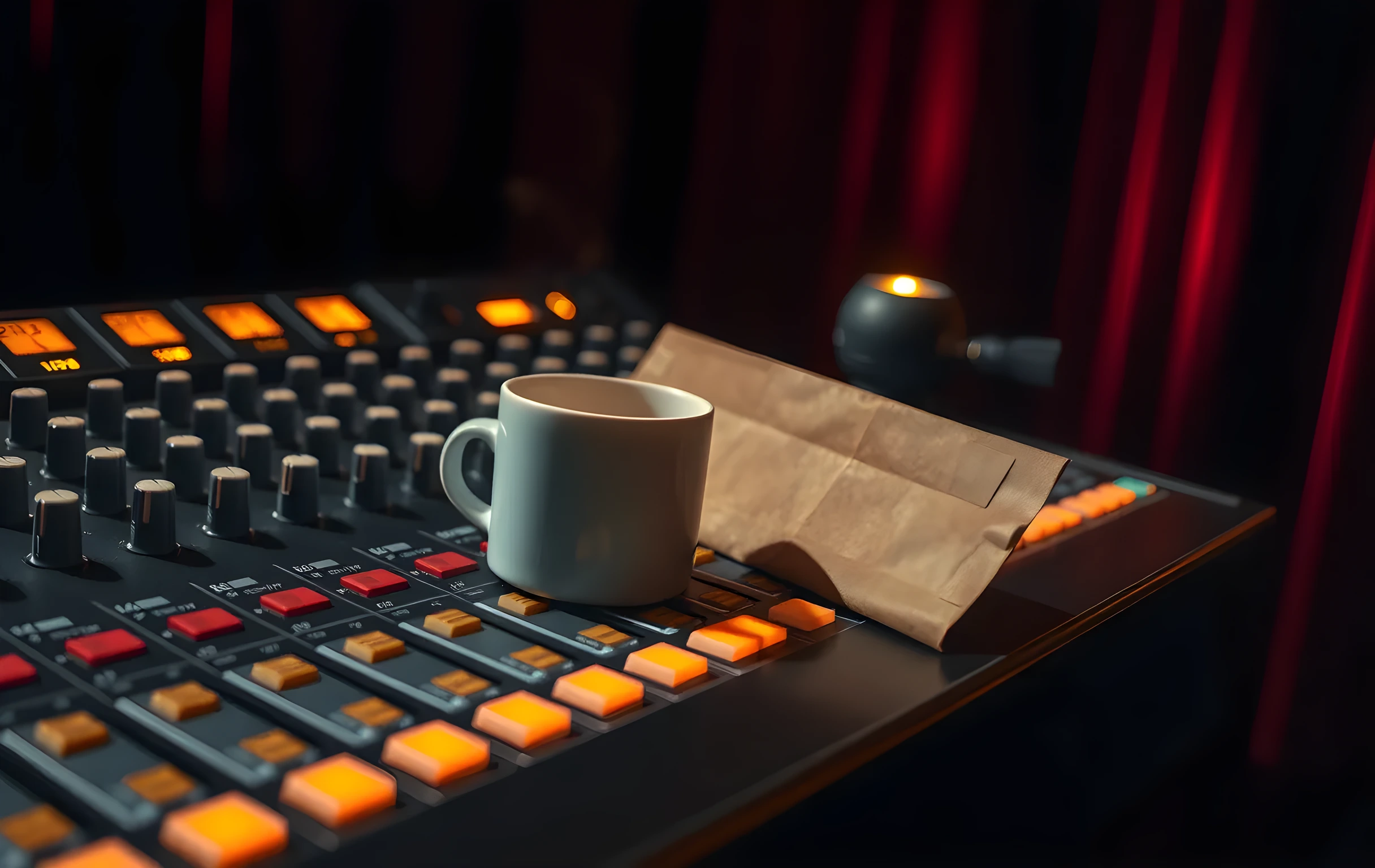 A close-up detail of the top surface of a vintage analog mixing desk: rows of faders set at various positions, small VU meters glowing faintly amber, a half-empty ceramic mug of tea with a thin ring of steam beside channel strip seven, the corner of a worn vinyl record sleeve propped against the strips showing only its textured paper edge, warm tungsten glow from a small clip-on lamp at the far right, the background dissolving into a soft dark blur where the edge of a heavy velvet stage curtain is just barely visible