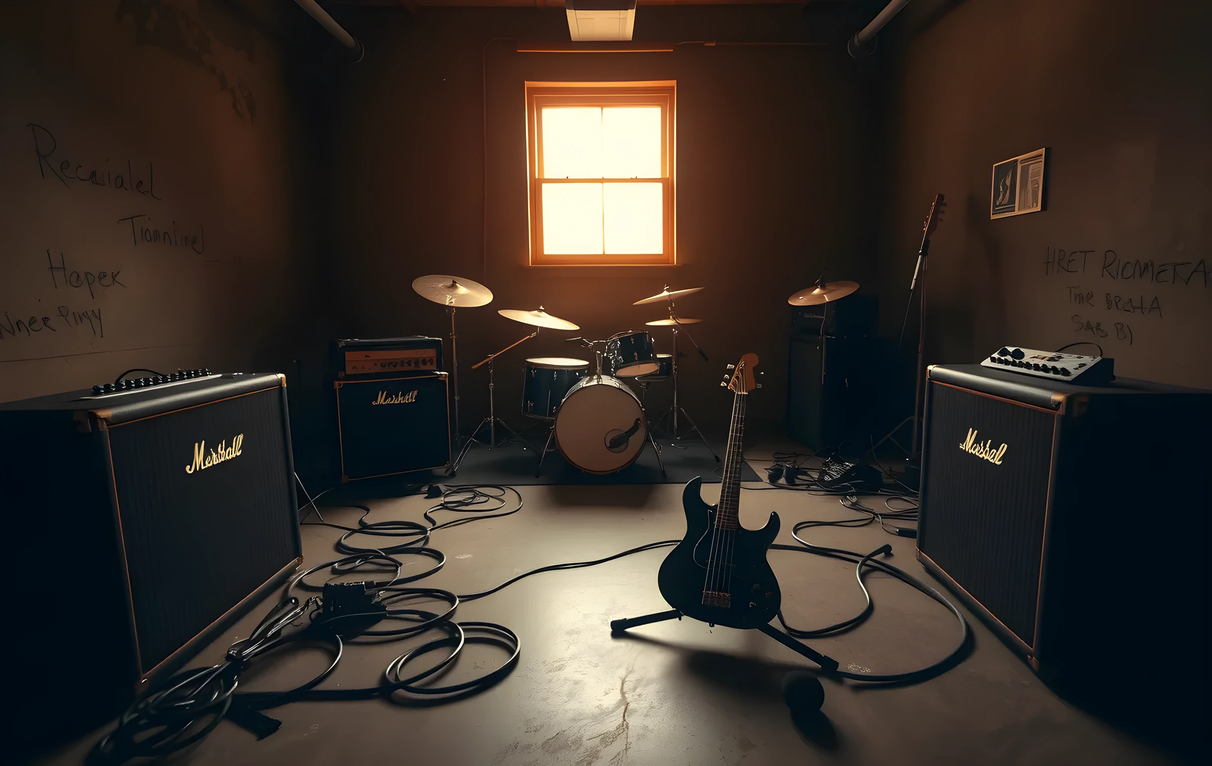 A wide interior view of a rehearsal room at golden hour, warm amber light streaming through a single dusty window onto scattered gear: a drum kit half-assembled near the back wall, two guitar amps with worn grilles flanking a small stage area, coiled cables snaking across a concrete floor, a bass guitar resting on a stand in the mid-ground. The room feels lived-in and quiet after a session. No people visible. Shot from one corner looking diagonally across the space