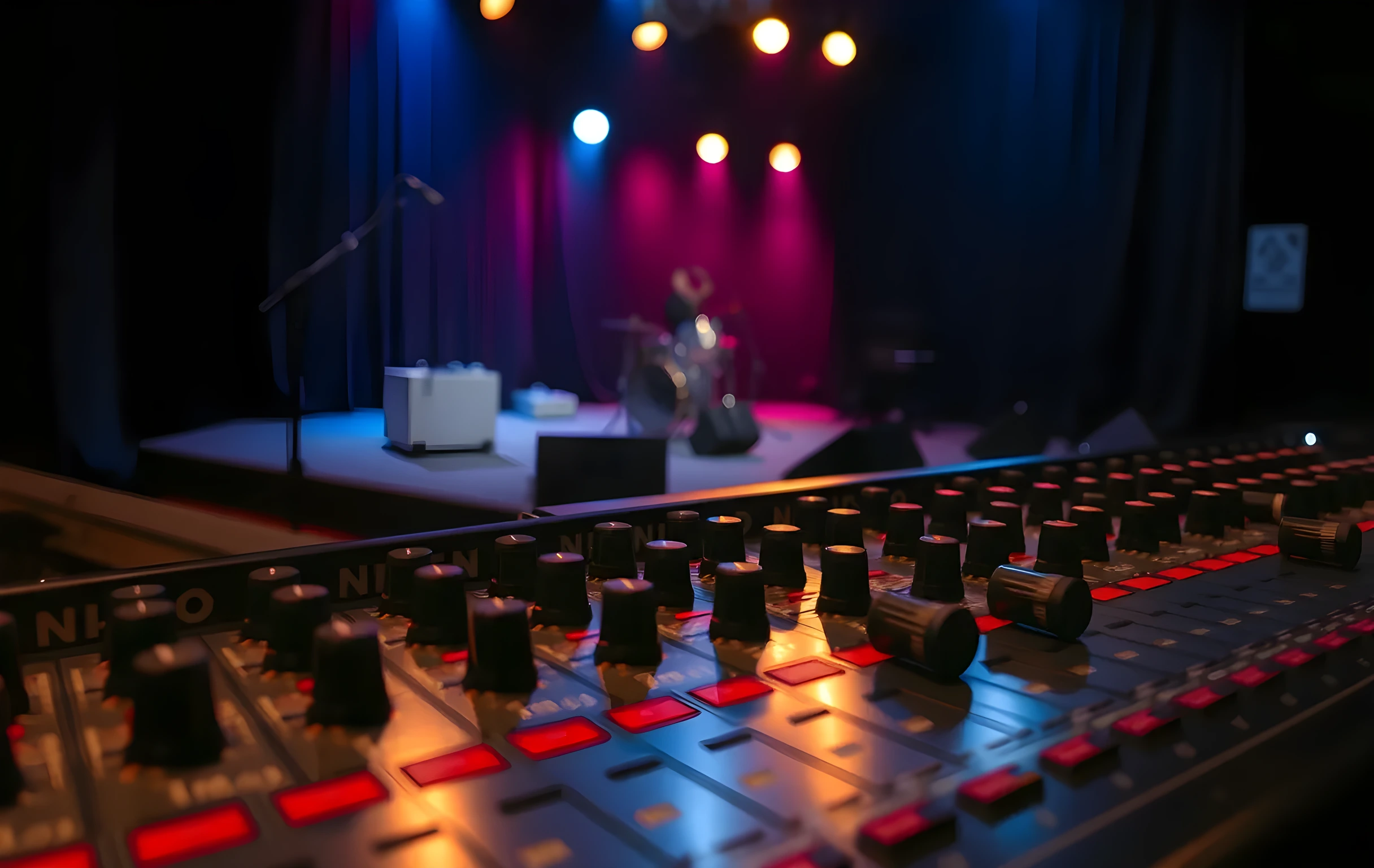 A close detail of the fader bank and rotary knob cluster on a small venue mixing desk, brushed metal surface catching warm overhead stage lighting, a few faders still pushed above unity. In the soft-focus background, the edge of a low stage lip and the dark silhouette of monitor wedges angled toward an empty pit. The house lights are dimming on, casting a cool blue wash over the scene. No text, no faces, no hands