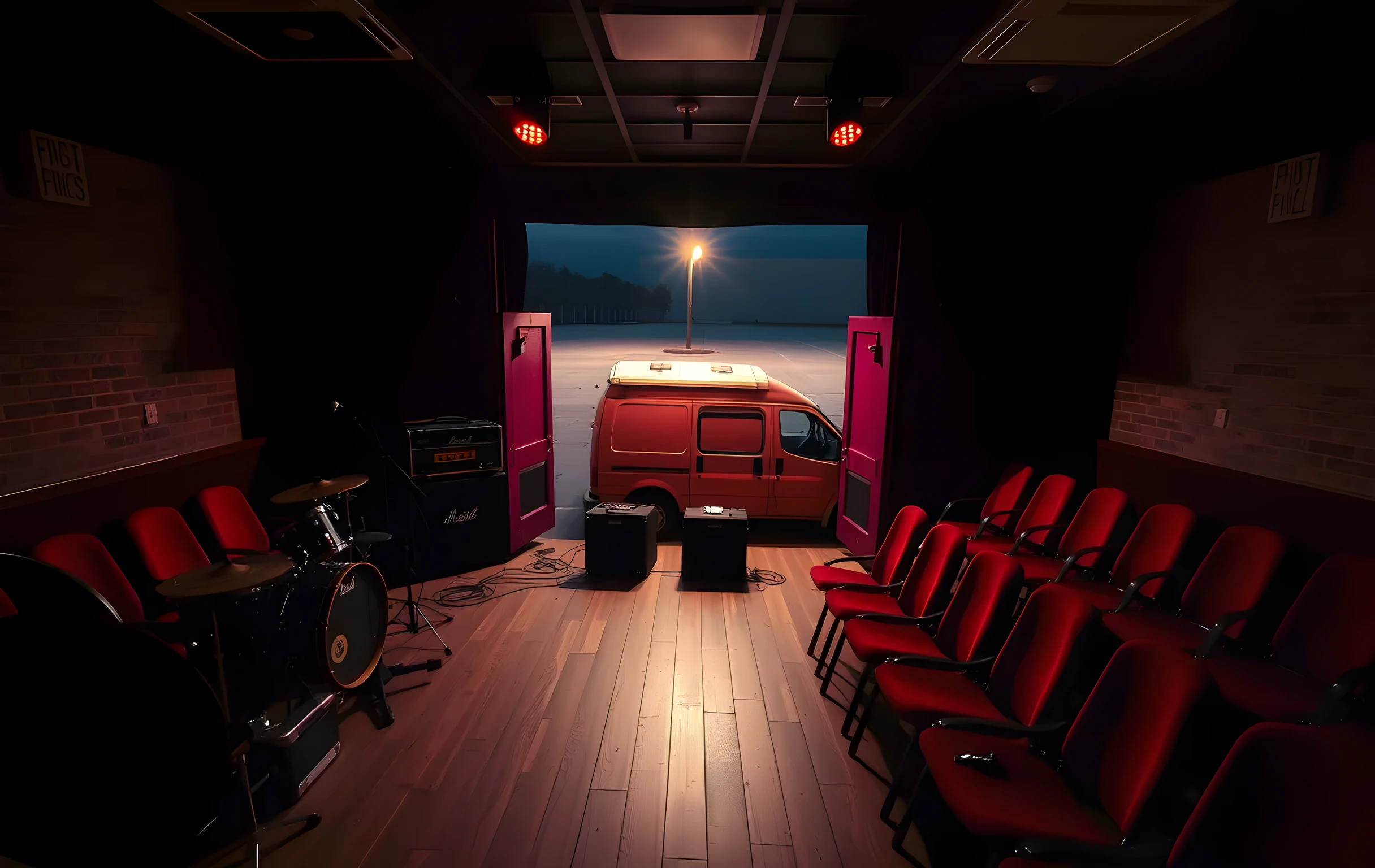 Wide interior shot of a small intimate venue stage at night, warm amber overhead lights casting pools on a worn wooden floor, a full drum kit with cymbals catching the light, two guitar amplifiers stacked beside a bass cabinet, rows of empty red vinyl audience seats curving toward the stage, the heavy back doors propped open revealing a dark parking lot where the silhouette of a battered tour van sits under a single sodium street lamp, no people visible, the whole space quiet and expectant