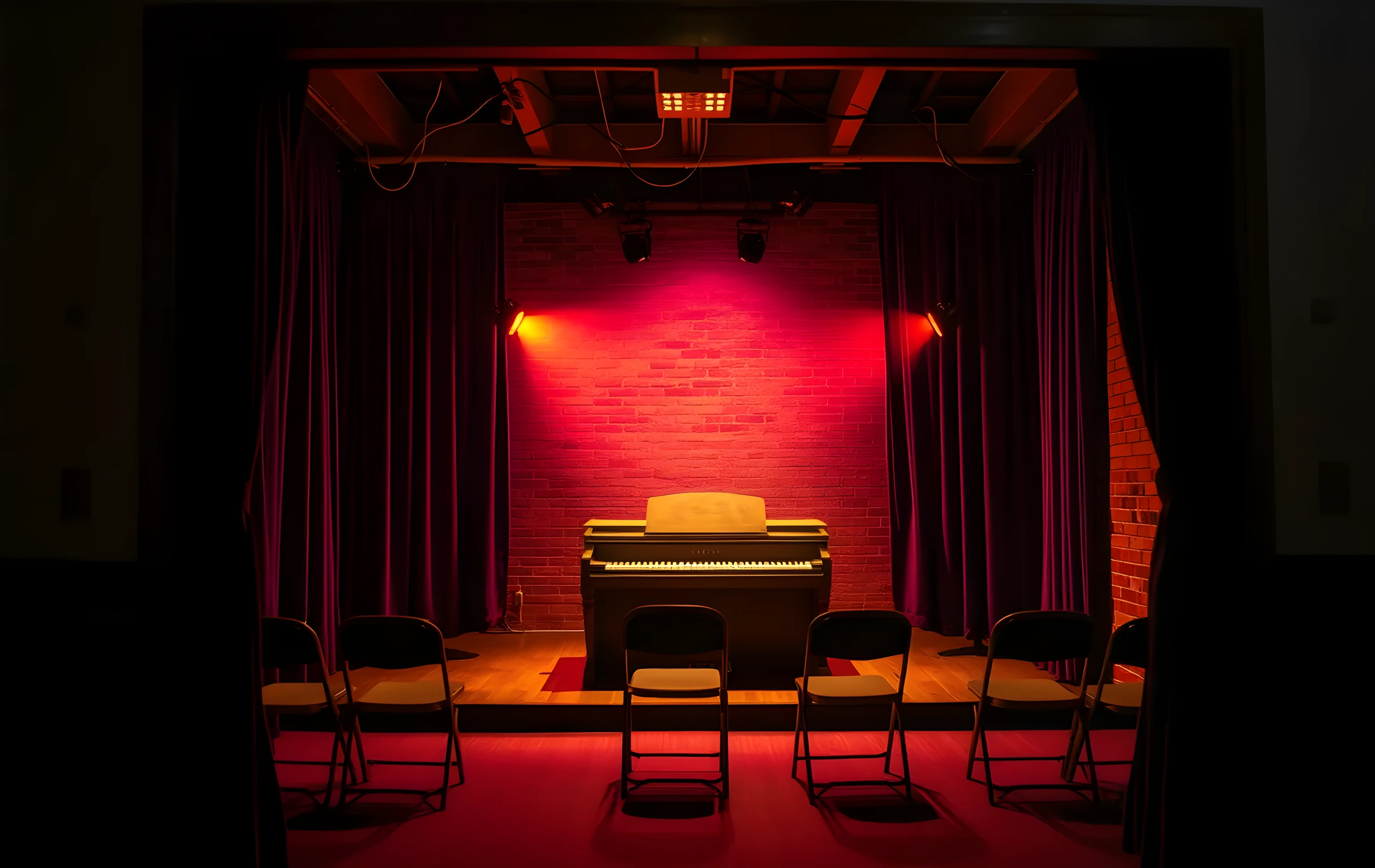 A small empty venue stage bathed in warm amber tungsten light at golden hour, a worn wooden upright piano sitting center stage with its lid propped open, heavy velvet curtains half-drawn on either side revealing exposed brick walls behind them, a scattering of mismatched folding chairs facing the stage, thick black cables snaking along the ceiling beams, dust motes floating in the low light, shot from the back of the room at medium-far distance with no people present