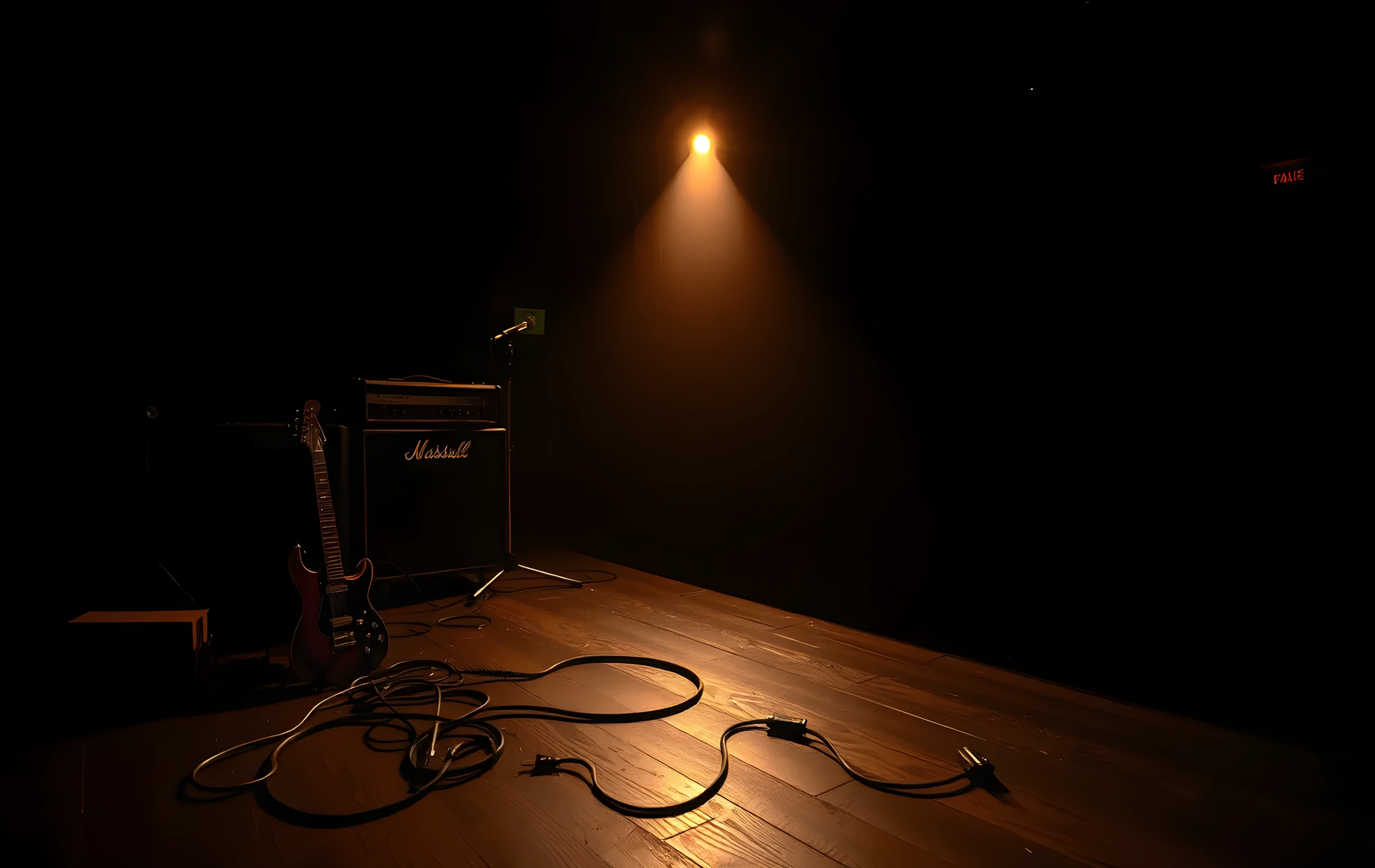 A wide interior shot of an empty small-venue stage at night, a single warm tungsten spotlight pooling on a dented combo amp and a battered electric guitar leaning against the monitor wedge, thick audio cables snaking across worn wooden boards, the dark audience seating area stretching far into shadow beyond the stage lip, dust motes drifting in the light beam, deep amber and charcoal tones, no people visible