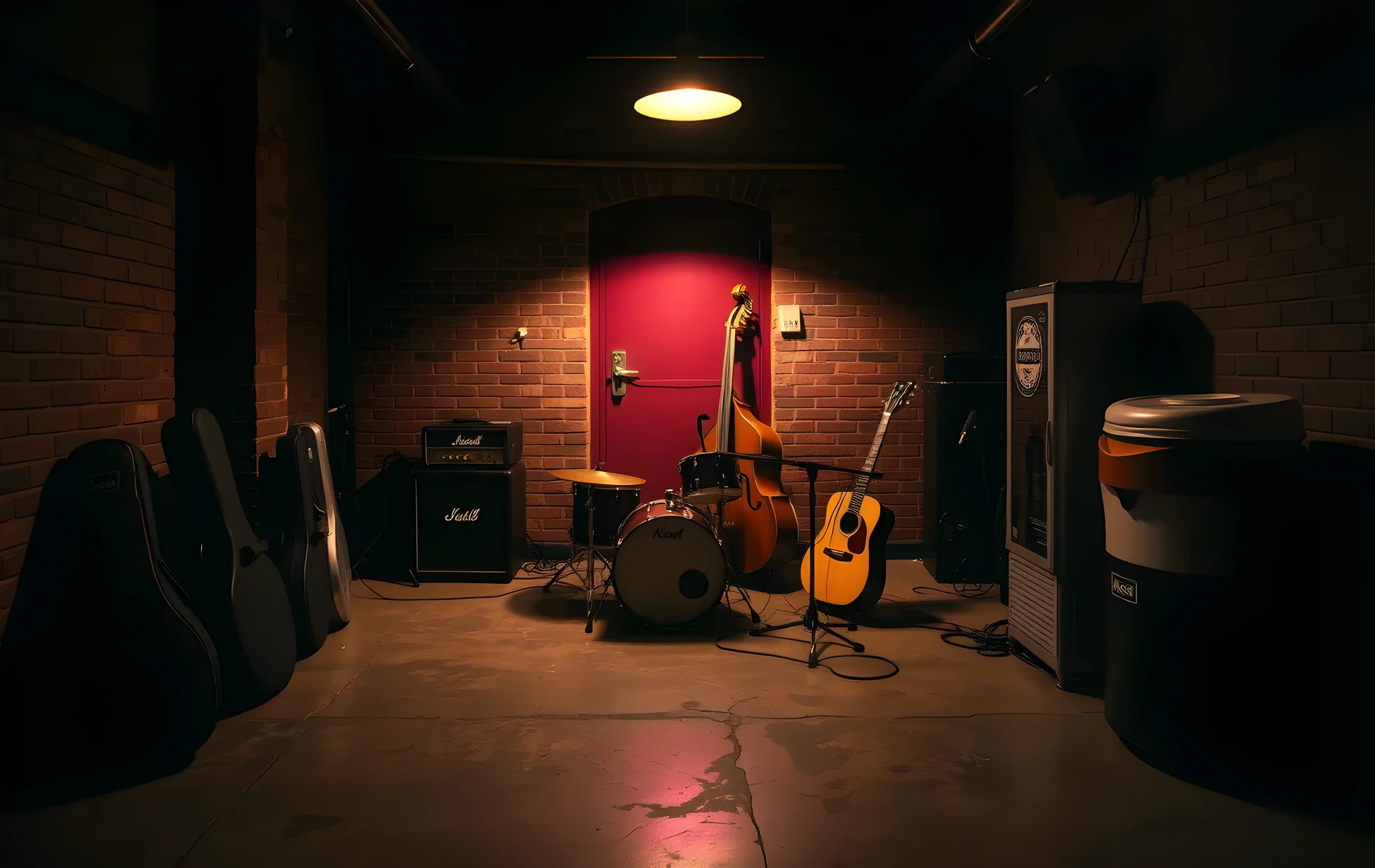 A wide interior shot of a small rehearsal room at dusk seen from the back corner: a worn drum kit center-frame, an upright bass leaning against the brick wall, guitar cases stacked near a door, warm tungsten light from a single pendant casting long shadows across scuffed concrete floor, cables snaking between amps, a dented steel water cooler in the far corner, no people visible, the room feels lived-in and quiet after hours