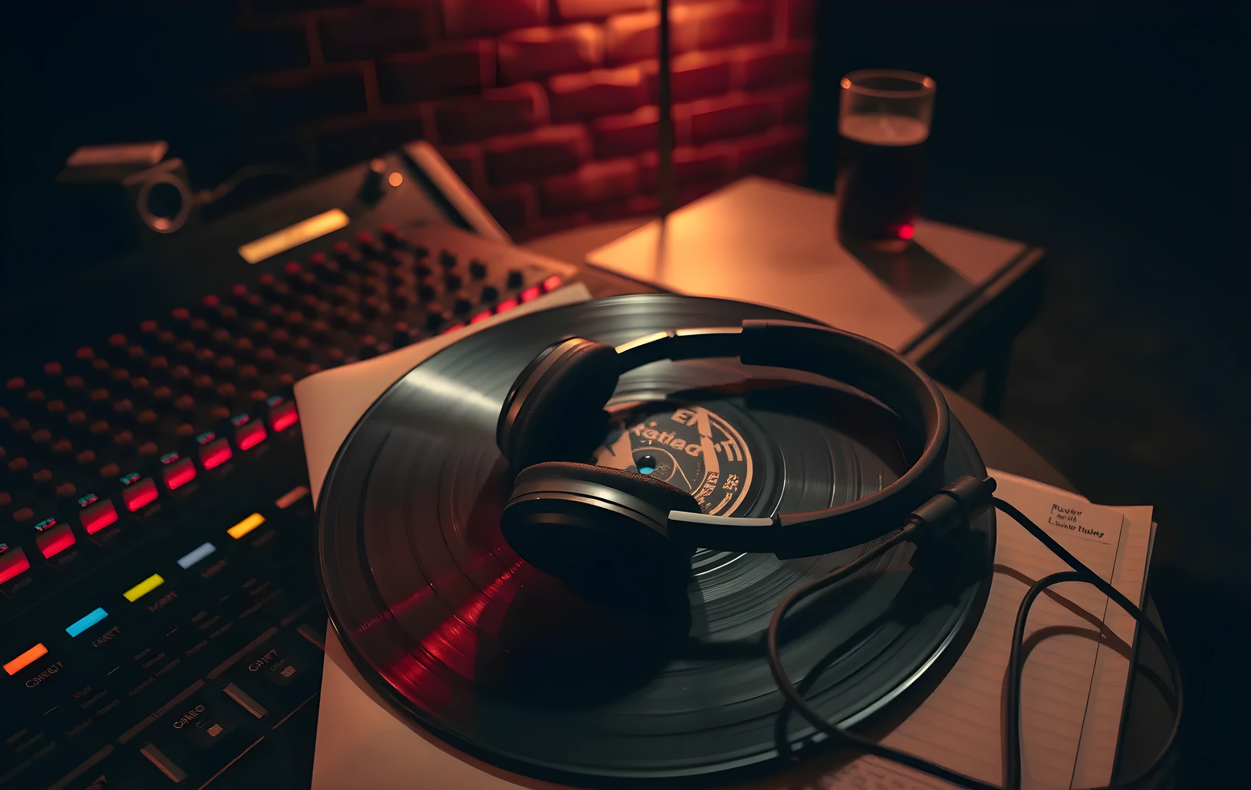 A close detail shot of a vinyl record half-slid out of its sleeve on a cluttered side table beside a mixing console, the grooves catching warm amber light, a pair of flat-laying studio headphones draped over the console fader bank, a crumpled setlist tucked under the headphone cable, shallow depth of field blurring the brick wall and a half-empty glass bottle behind, no faces, no text legible